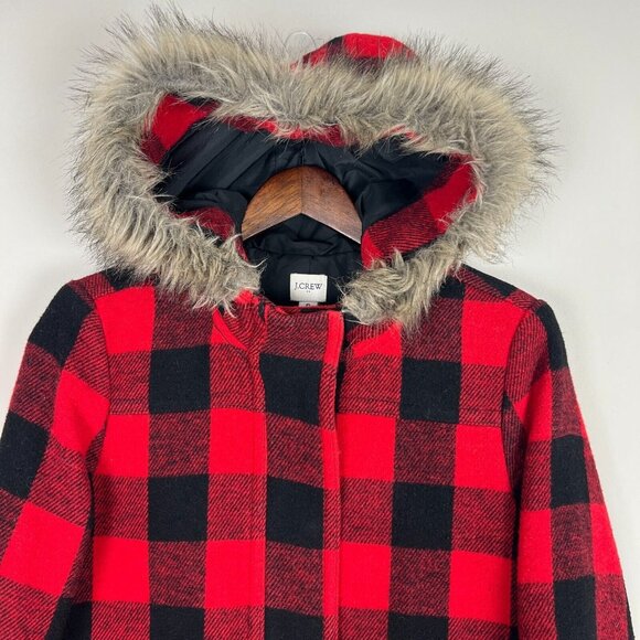 J Crew Jacket Womens 6 Red Vail Parka Coat Buffalo Check Plaid‎ Faux Fur Hood - Picture 3 of 13